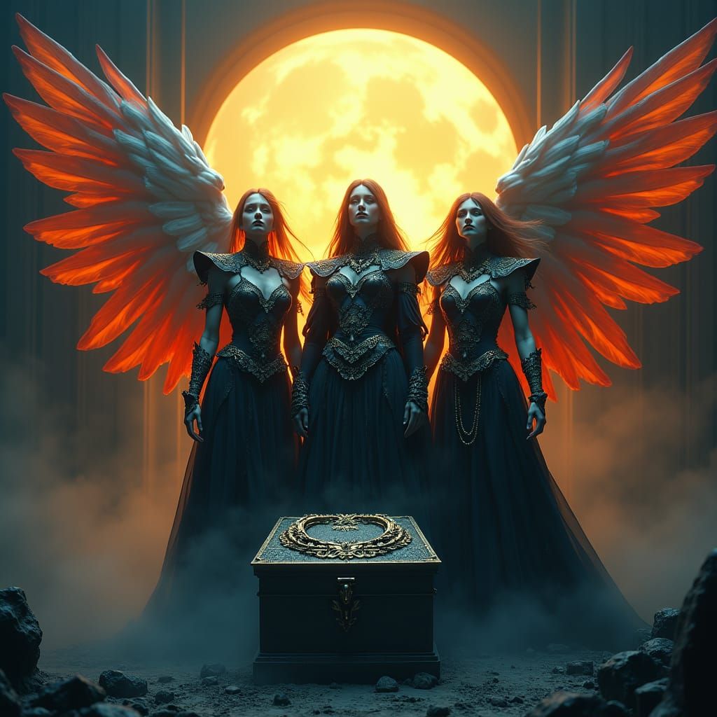 Angels Guarding Coffin in Ominous Gothic Scene