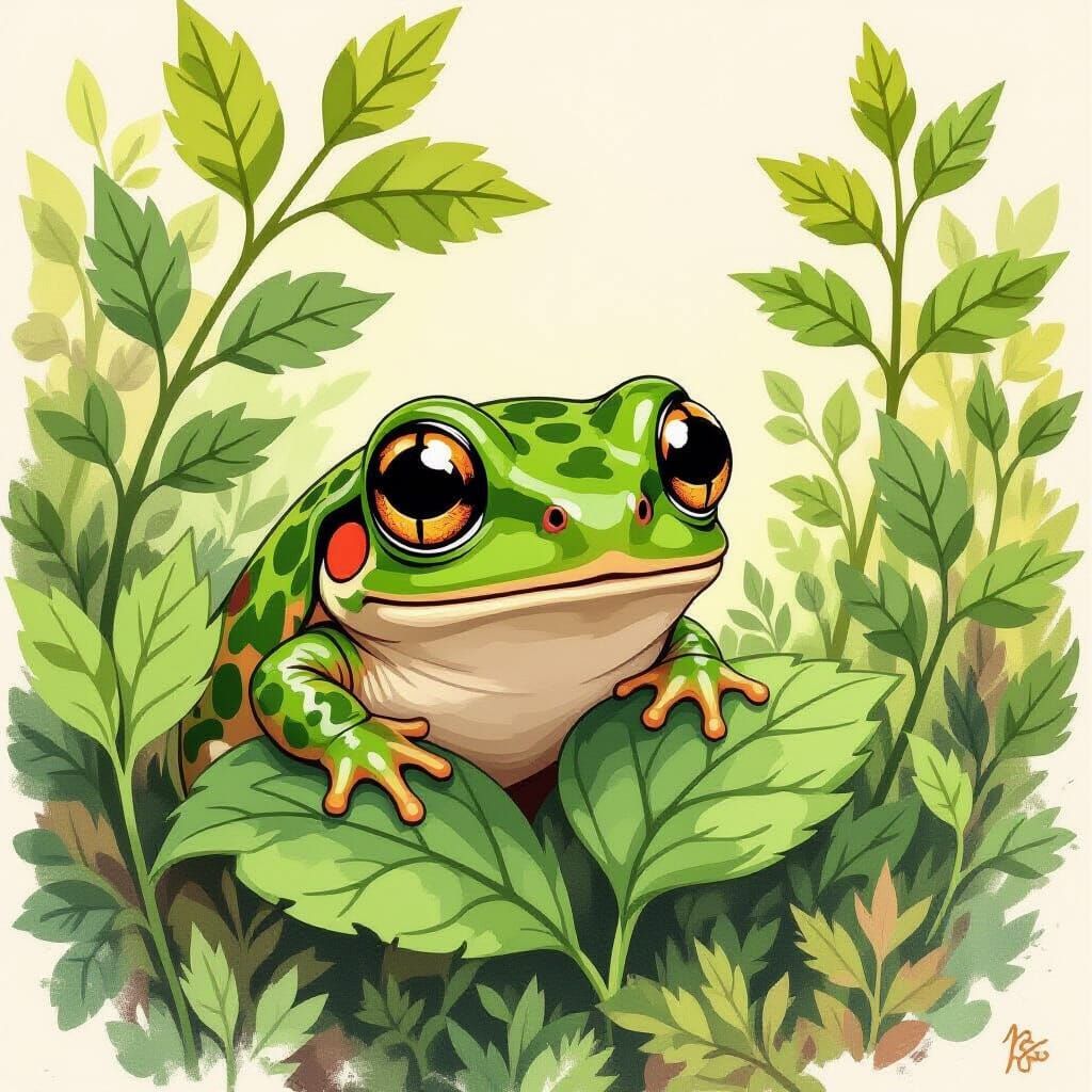 Camouflage Tadpole Hiding in Bush, Storybook Illustration