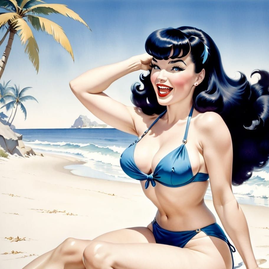 Pin-Up Girl on Beach in Watercolor Style