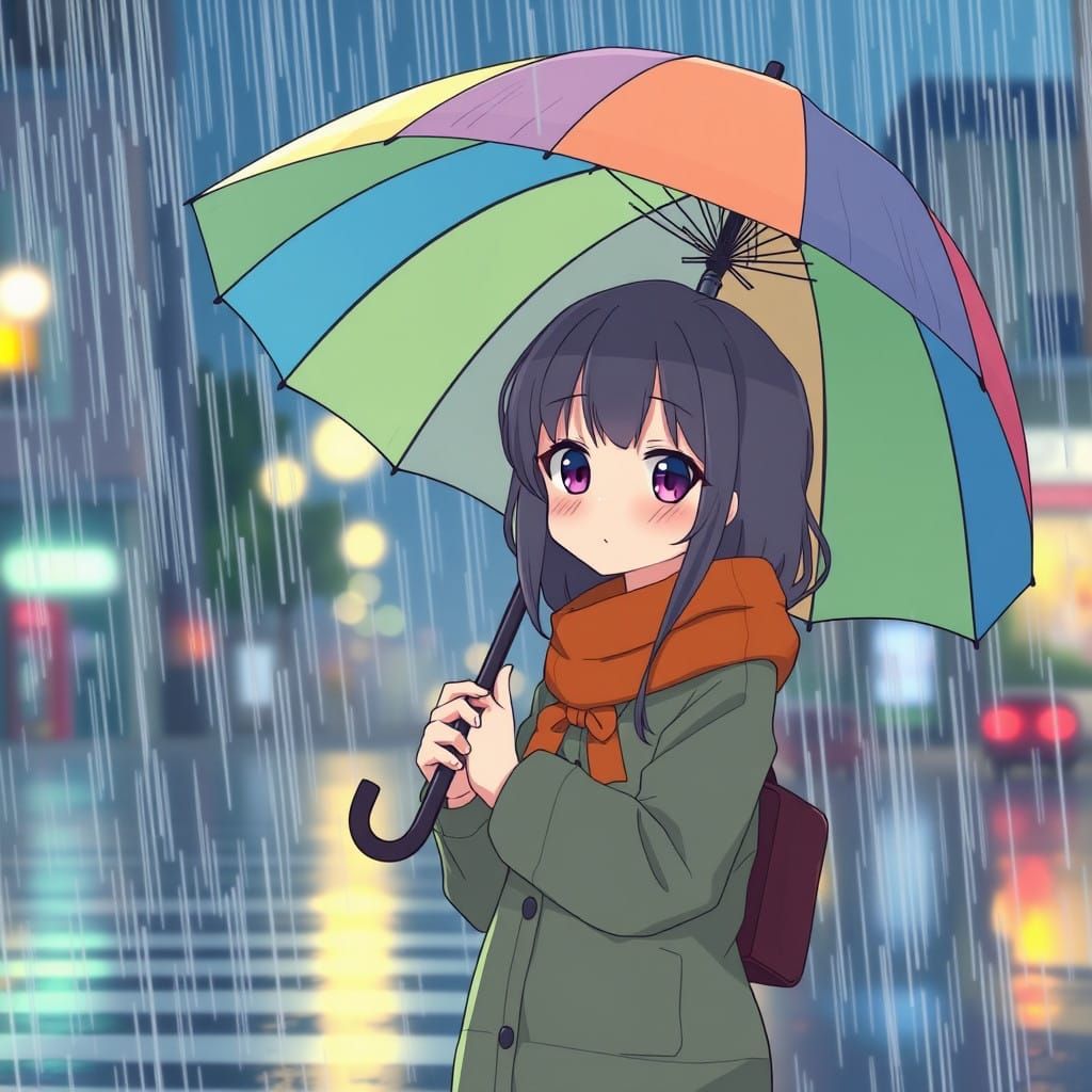 Kawaii Girl Pouts in the Rain with Bright Rainbow Umbrella