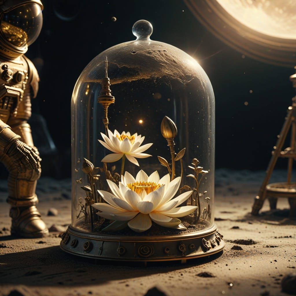 Steampunk Astronaut Places Lotus Flower in Bell Jar on Lunar...