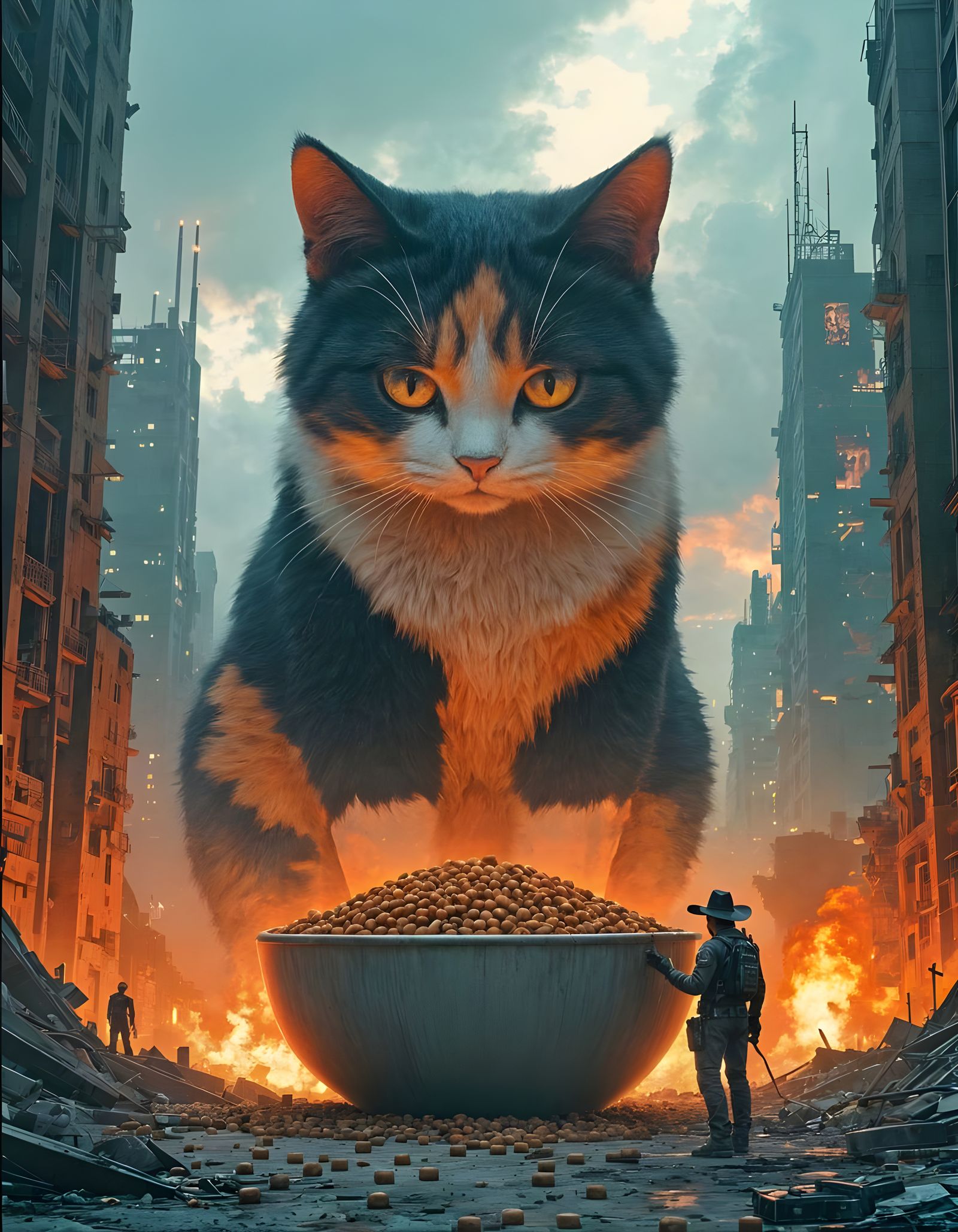 Colossal Calico Cat in Dystopian Cyberpunk Cityscape