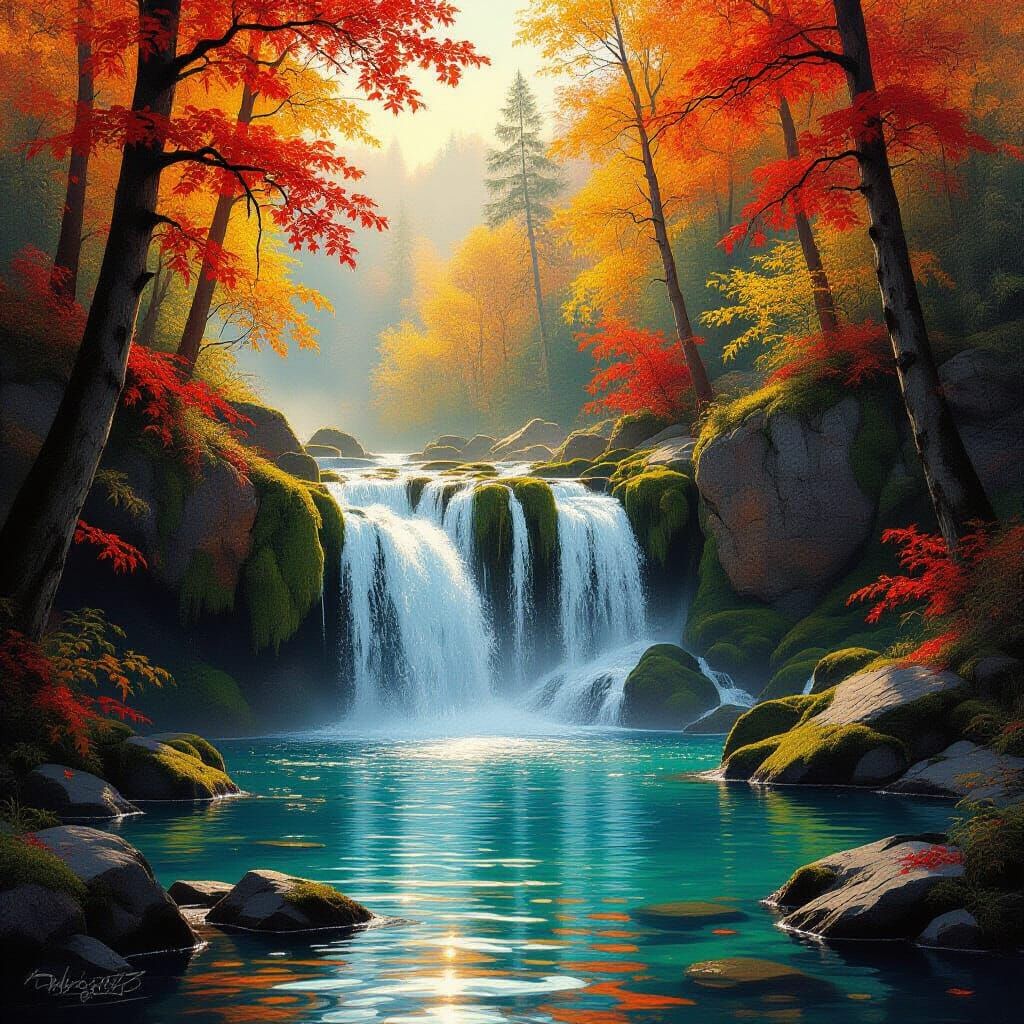 Majestic Waterfall in Vibrant Autumn Forest Landscape