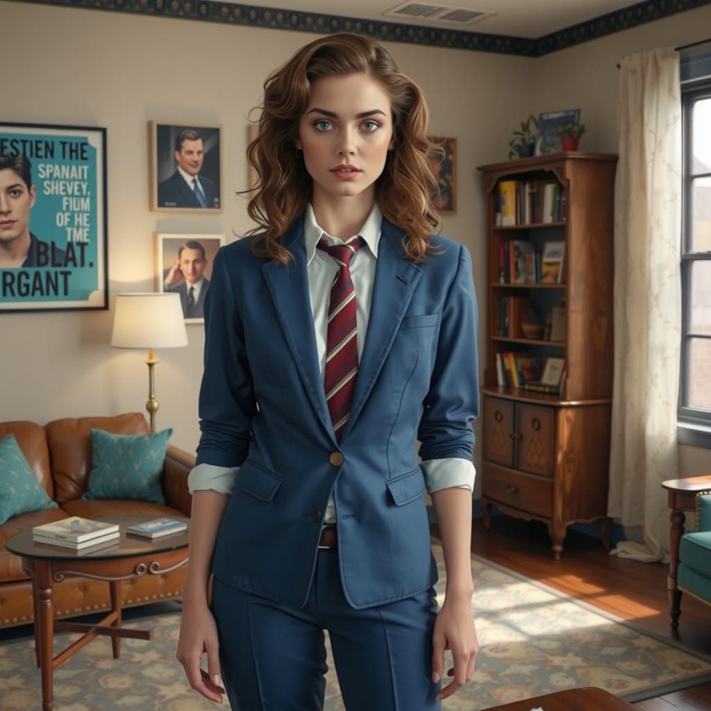 1950s-College Girl Pulls Off Dad's Suit in Dorm Room