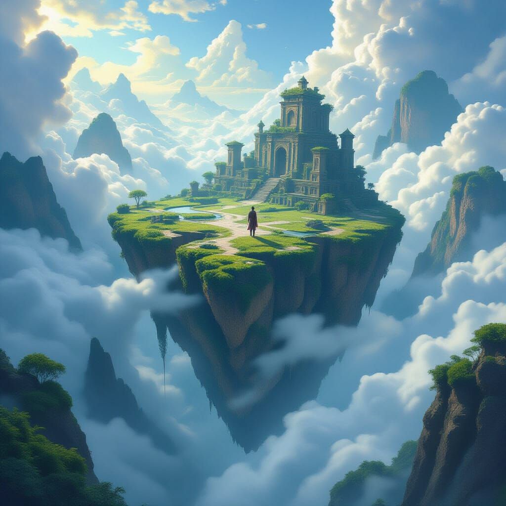 Floating Island Figure in Hyperrealistic Fantasy Art
