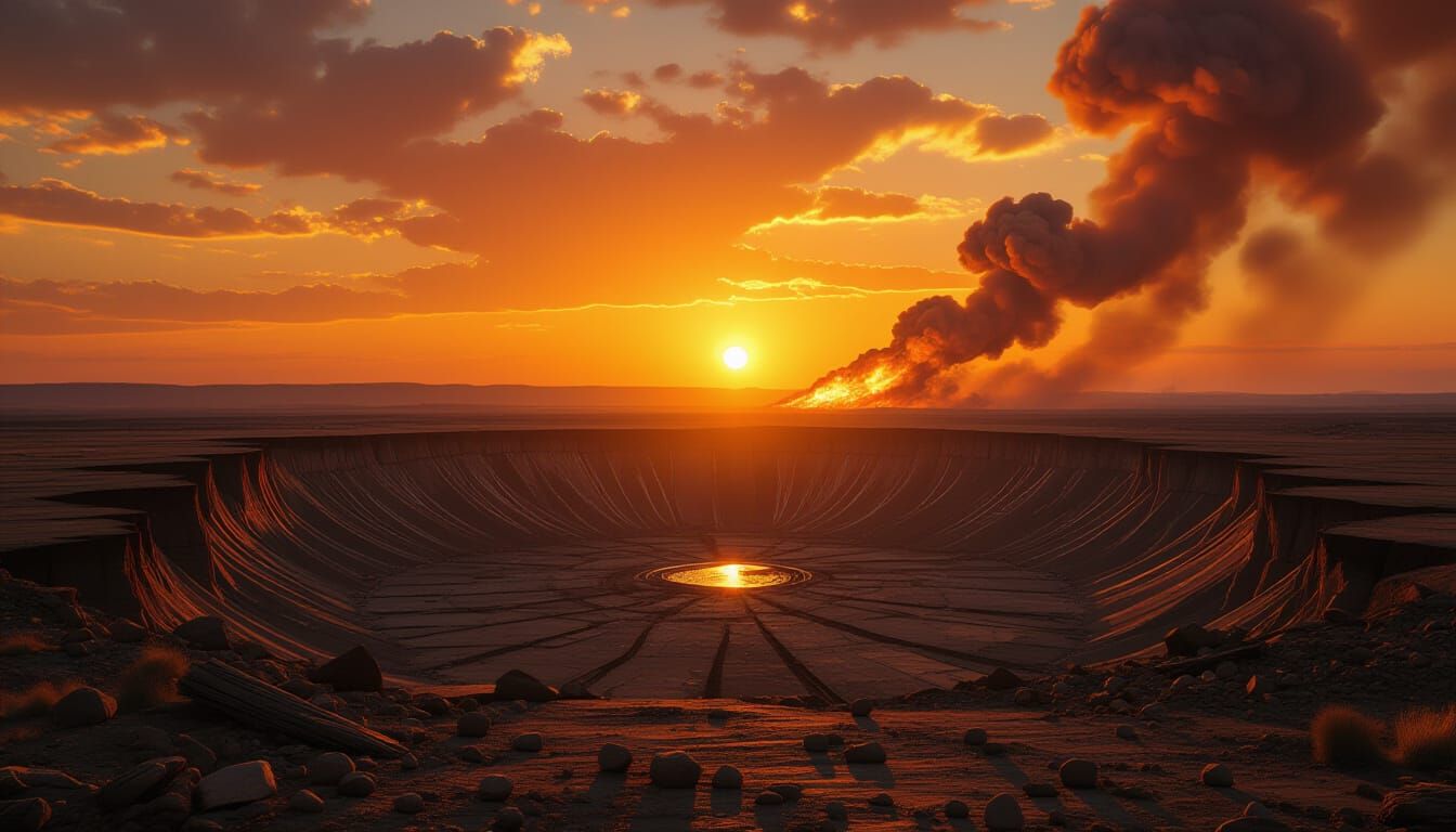 Apocalyptic Sunset Landscape with Meteor Crater