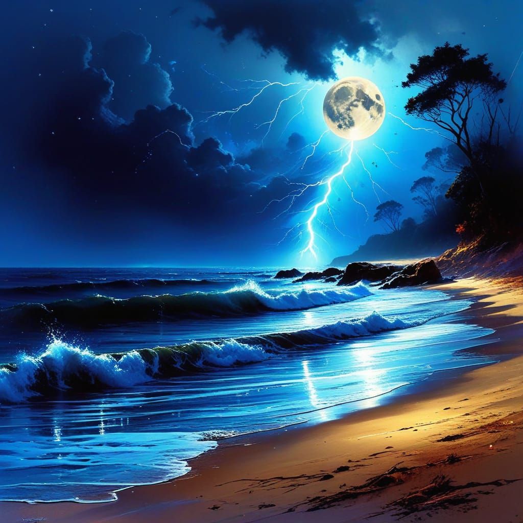 Electric Storm Unfolds on a Vibrant Beach in a Cyberpunk Aes...