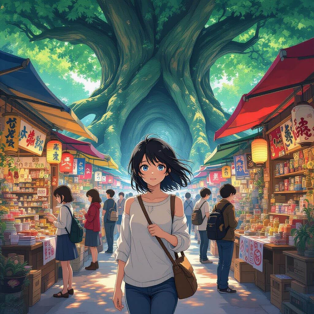 Anime Marketplace Inside Giant Tree in Ghibli Style