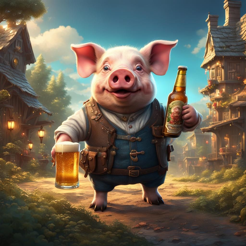 Cute Pig with Beer: Detailed Matte Painting