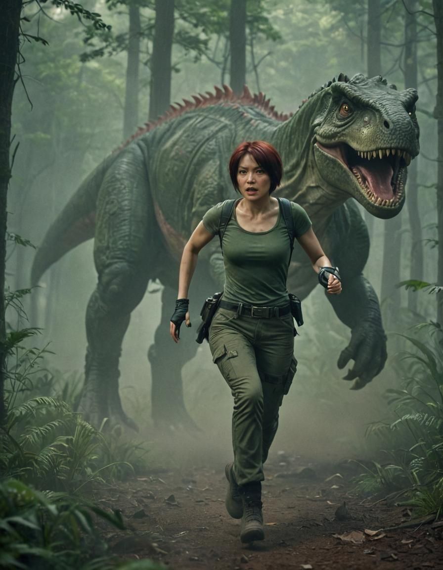 Ada Wong and Gentle Dinosaur in Dark Forest