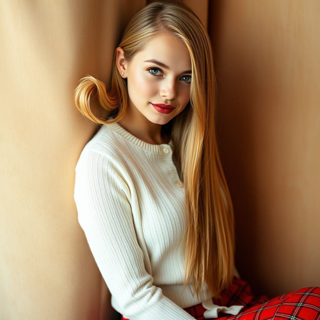 Elegant Woman in Red Plaid Skirt and White Cardigan, Close-U...