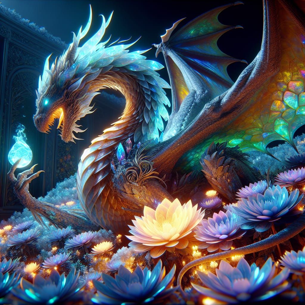 Opal Dragon Guarding Treasure in 3D