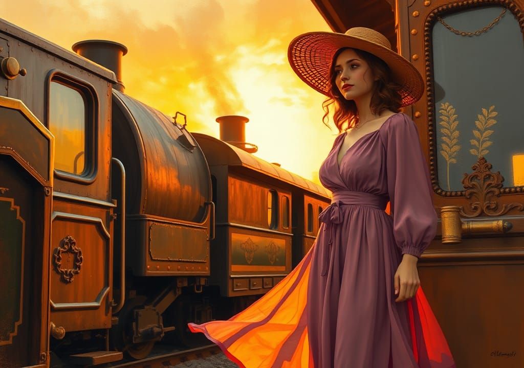Woman Beside Vintage Train at Sunset
