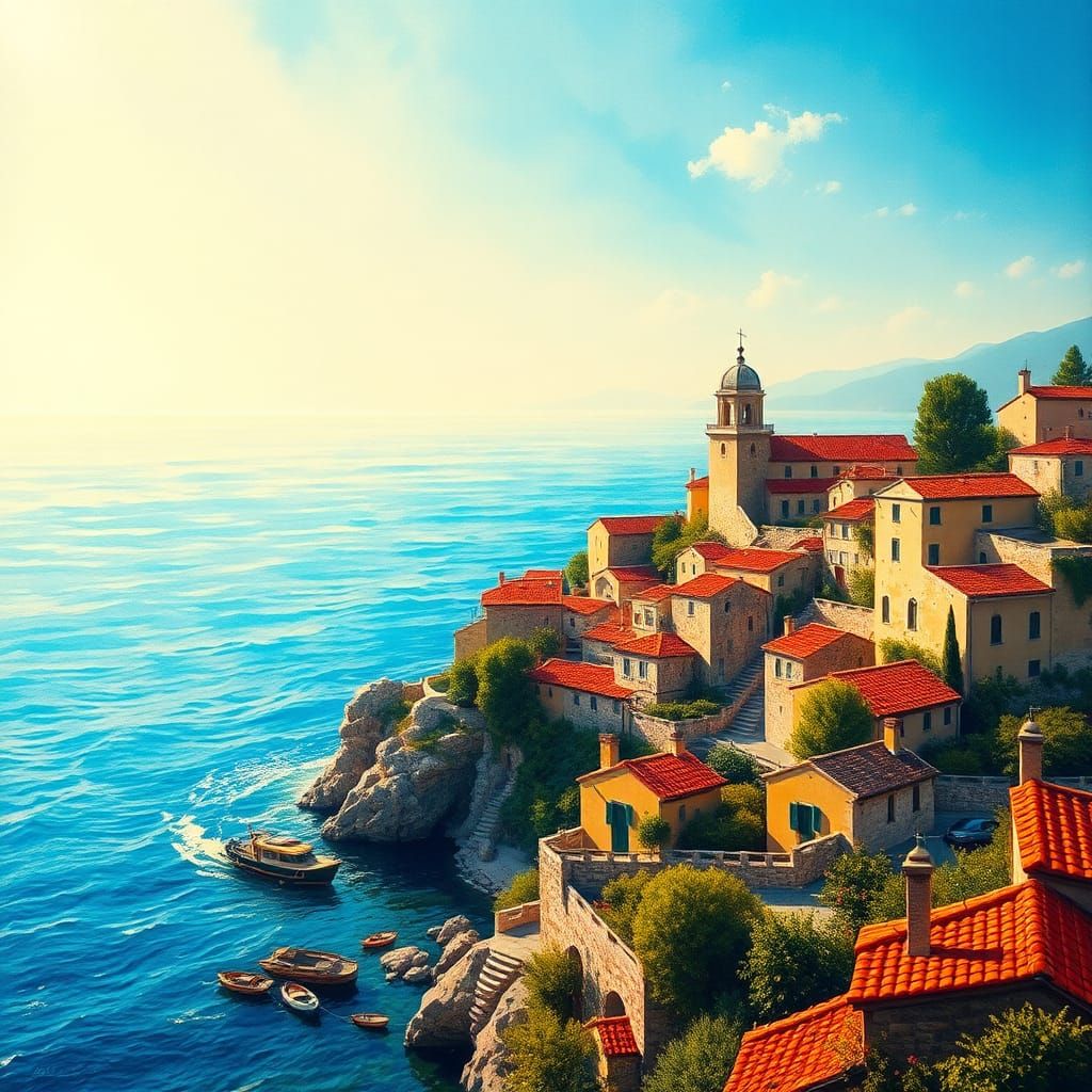 Idyllic Seaside Village in Impressionist Gouache Style