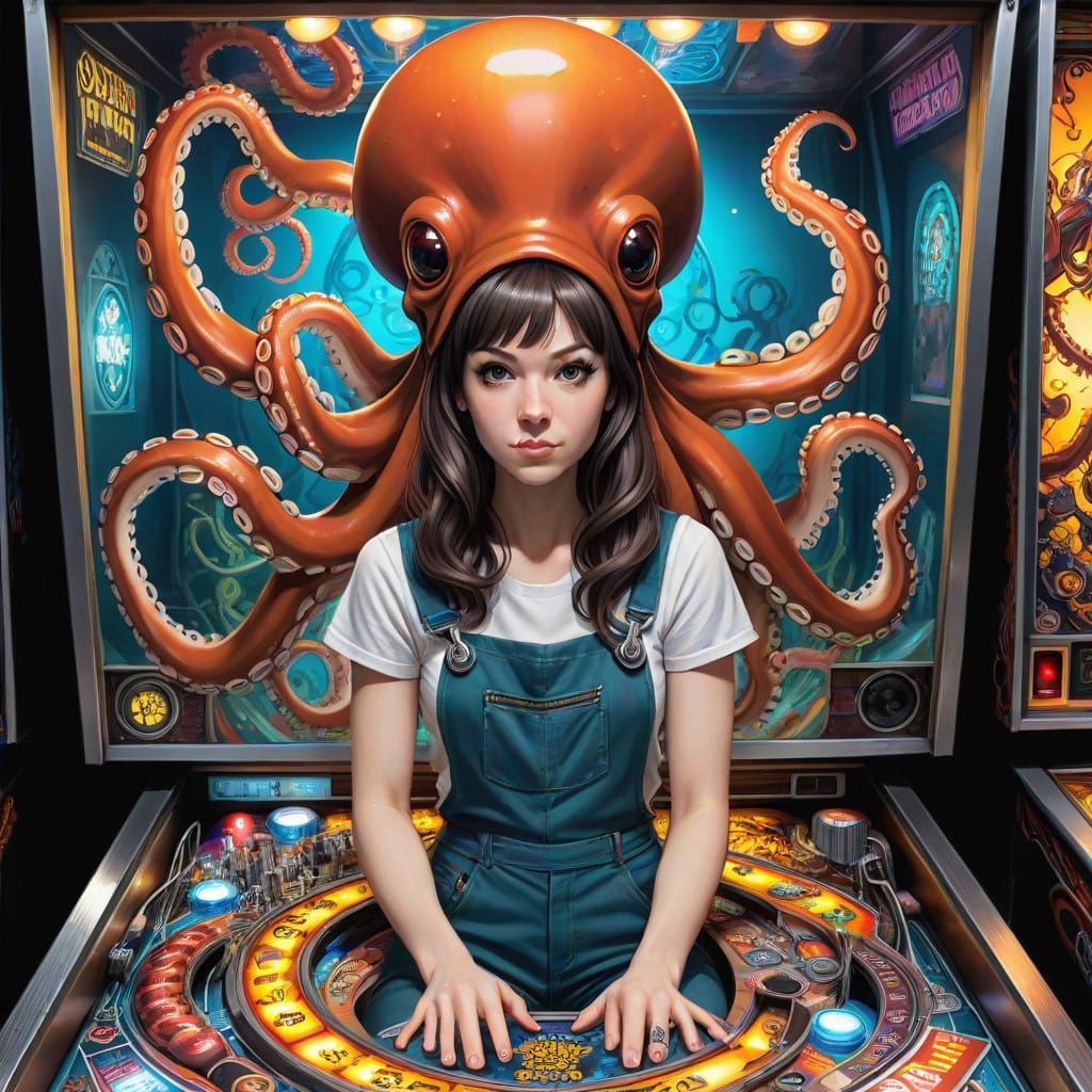 Cyberpunk Pinball Girl Meets Octopus