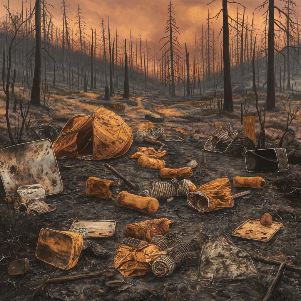 Burned Campsite in Forest Valley: Oil Painting