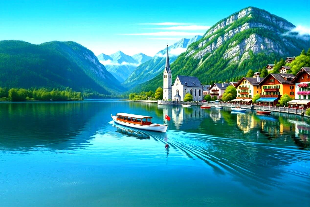 Picturesque European Town by Clear Lake with Green Mountains