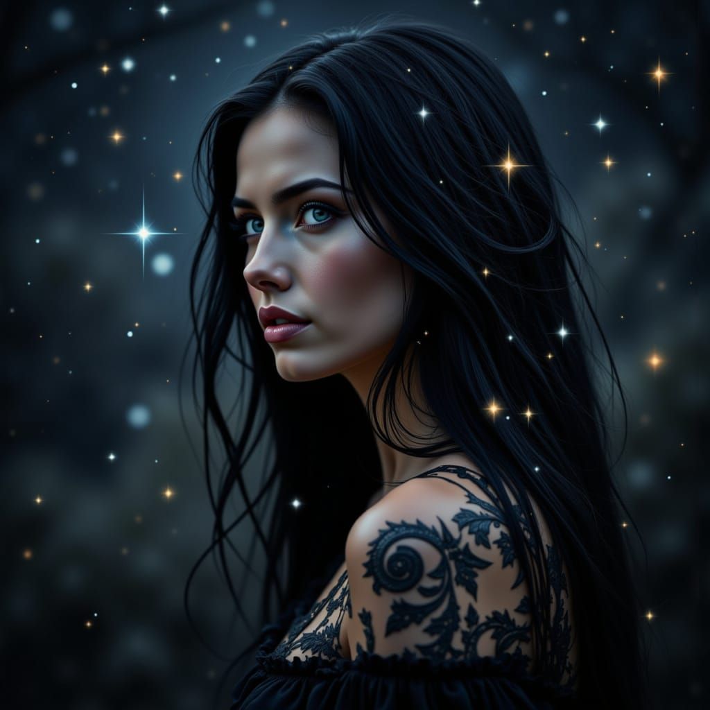 Sensual Goddess of Night Among Stars