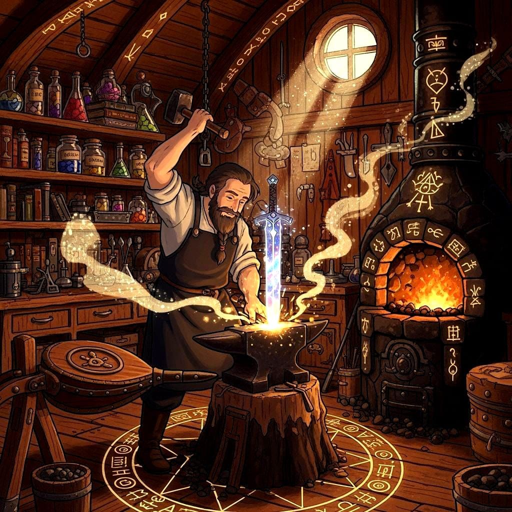 Blacksmith Forging Starlight Sword in Cozy Workshop