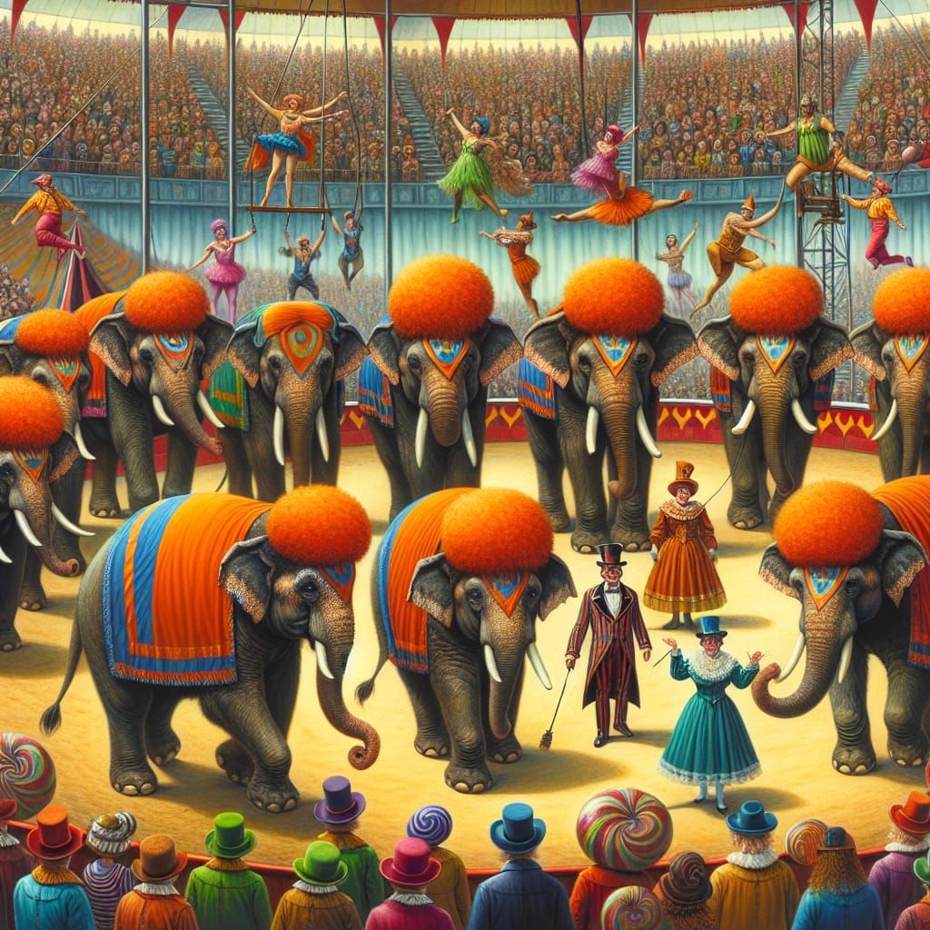 Circus Elephants with Orange Wigs in Gouache Style