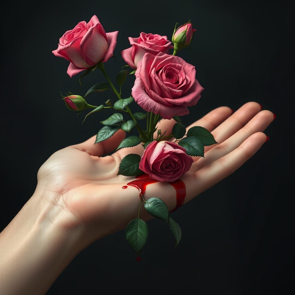 Hyperrealistic Roses Emerge from a Wounded Female Hand