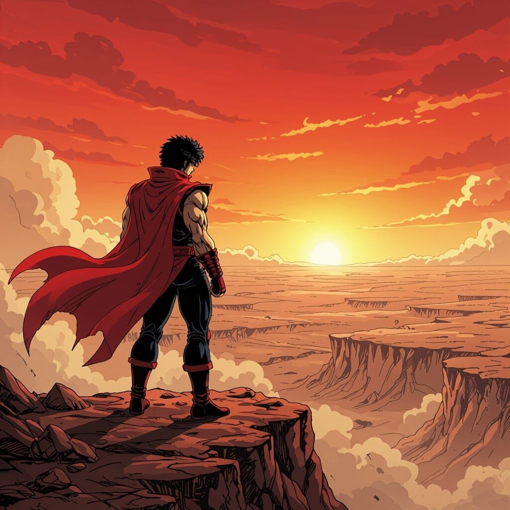 Kenshiro Overlooking Wasteland in Anime Style