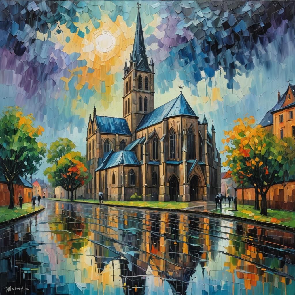 Gothic Church in Rainfall: Expressionist Oil Painting