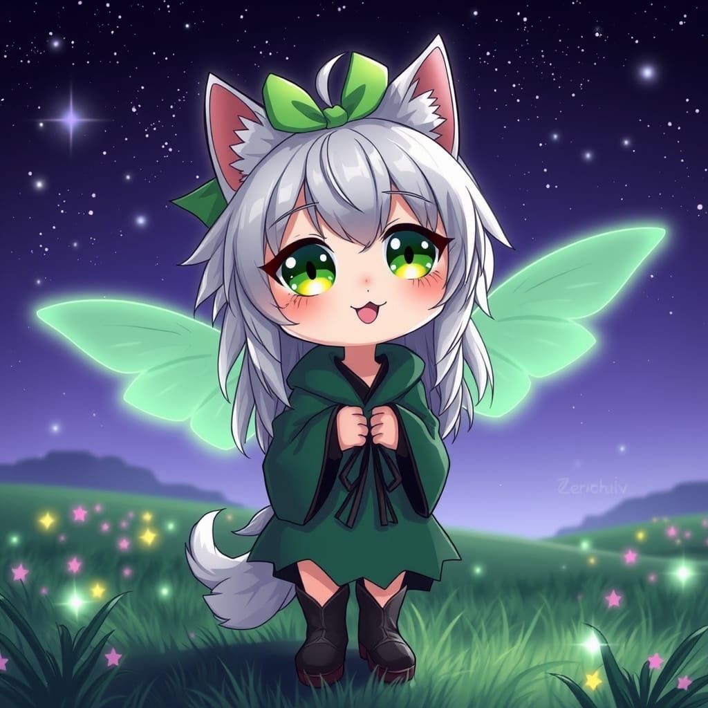 Kawaii Catgirl in Whimsical Robe with Fairy Wings