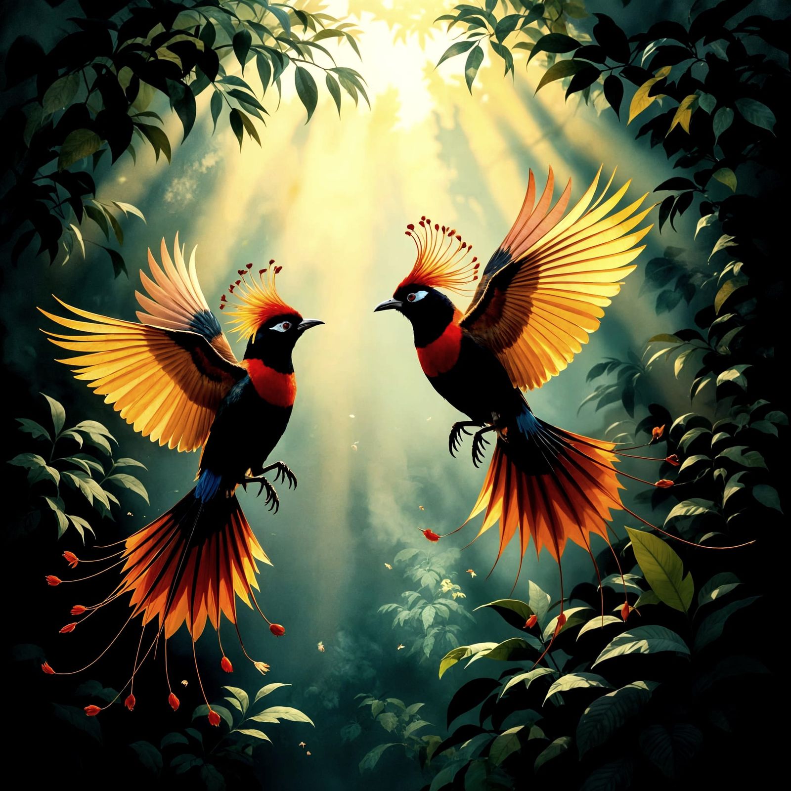 Birds of Paradise Compete in Sunlit Jungle Display