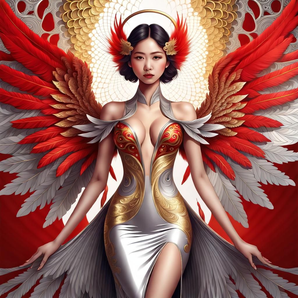 Asian Angel in Silver Latex Gown with Red Wings