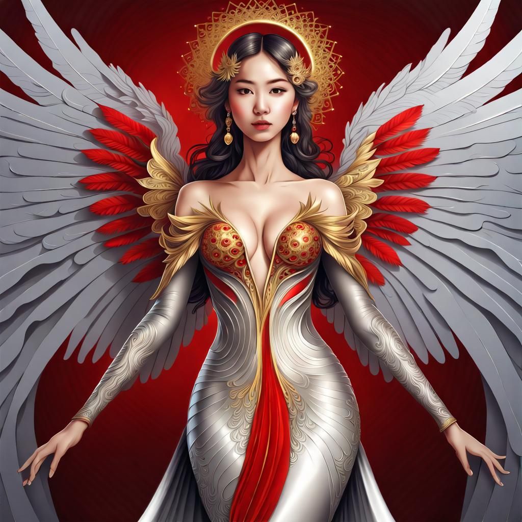 Asian Angel in Silver Latex Gown, 3D Shading