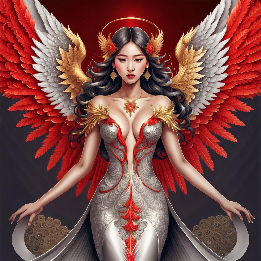 Asian Angel in Silver Gown with Red Wings
