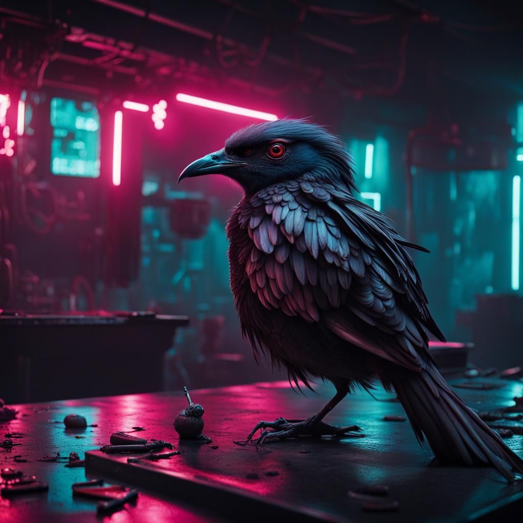 Cyberpunk Neon Birds in Dystopian Post-Apocalyptic Scene