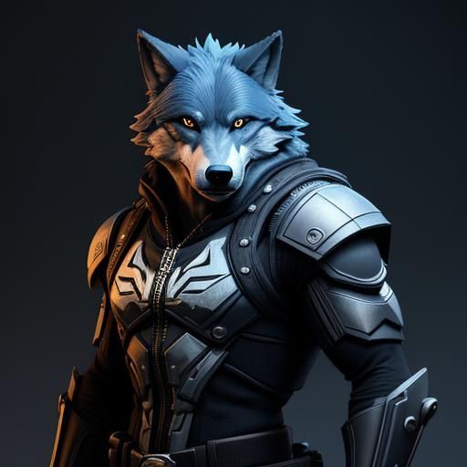 Cyberpunk Anthropomorphic Wolf in 3D Digital Art