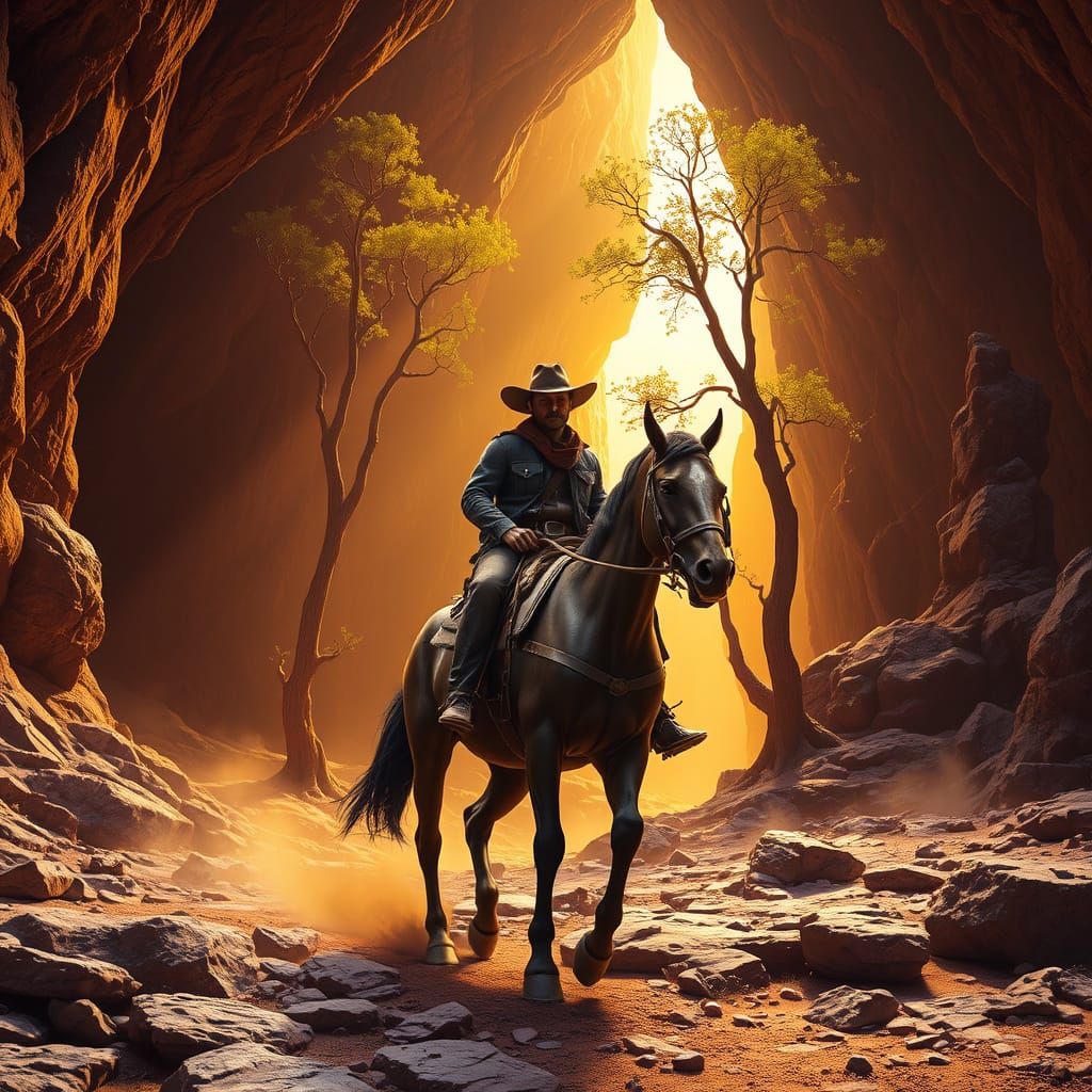 A detailed B&W IMAGE of a cowboy riding a horse, set within ...