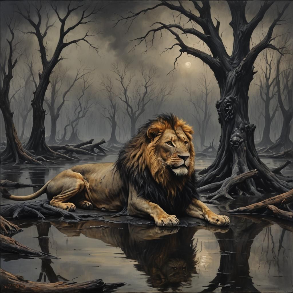 Lion Submerged in Tar: A Rembrandt-Style Oil Painting