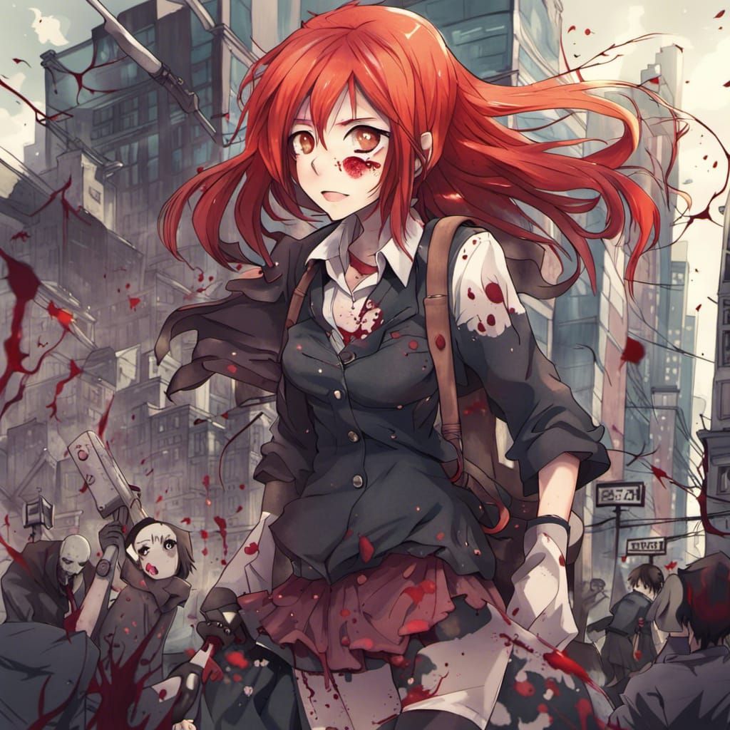 Anime Style: Red-Haired Zombie Girl in City