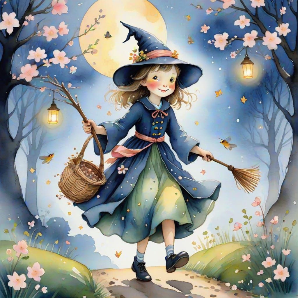 Whimsical Witch Chasing Sakura Blossoms in Watercolour