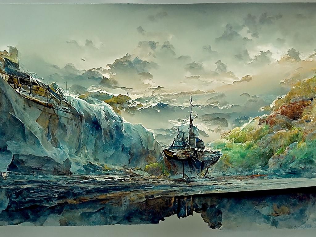 Ship Sailing on Dark Seas: Watercolor Painting