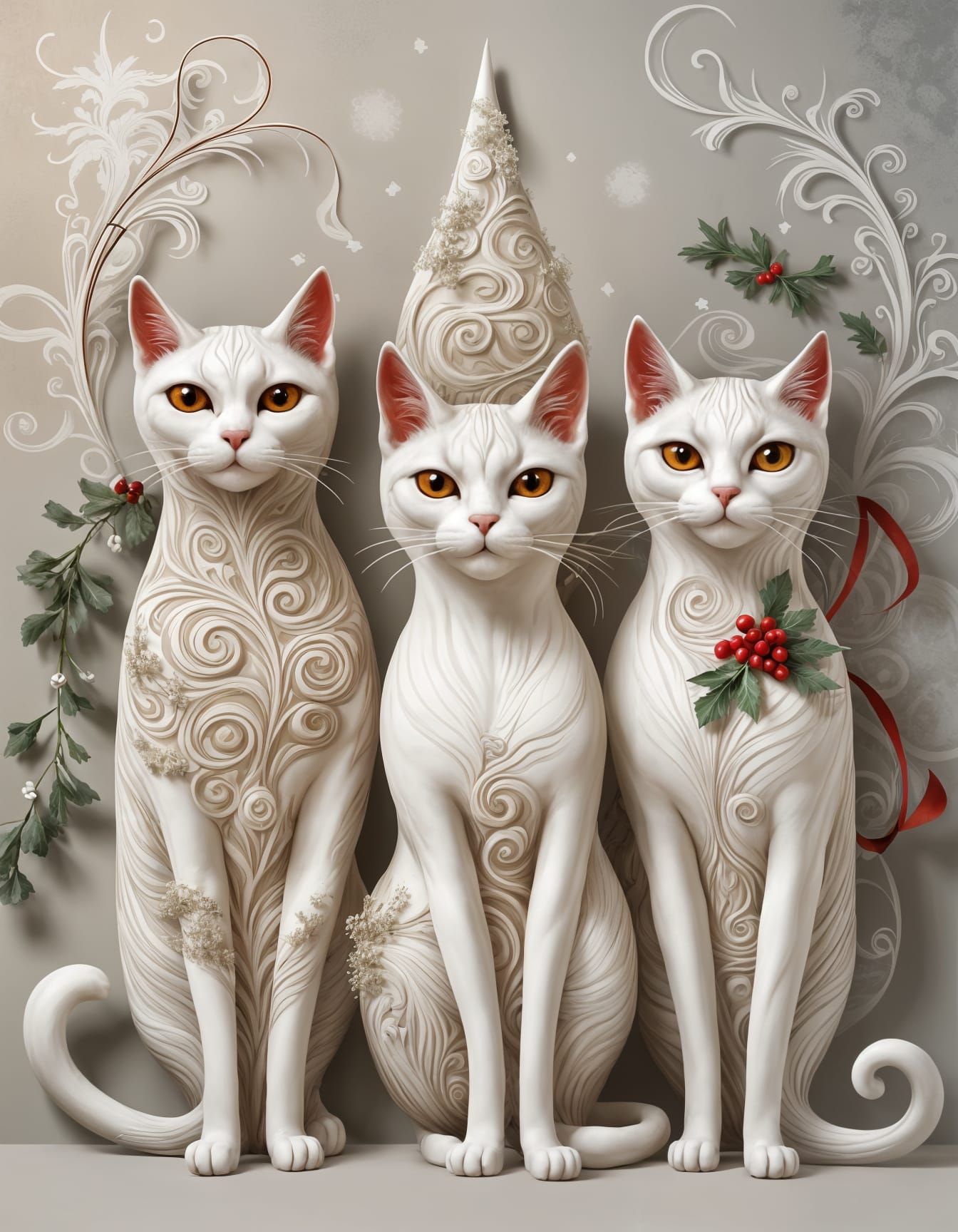 Surreal Cats Admire Christmas Mistletoe in Geometric Style