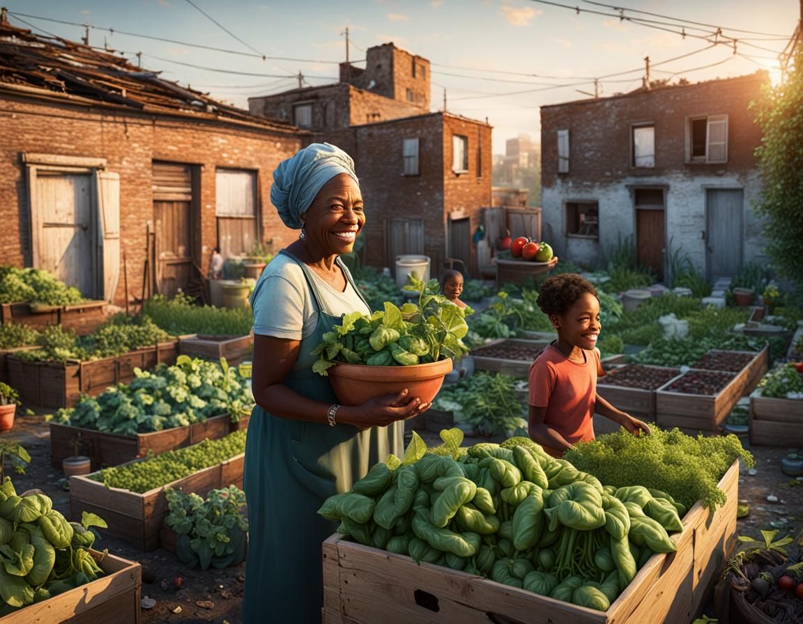 Hyperrealistic Urban Garden Scene with Grandmother and Grand...