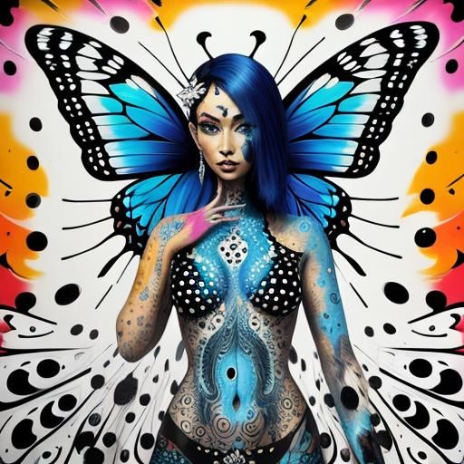 Butterfly Woman with Peacock Feathers in Graffiti Art