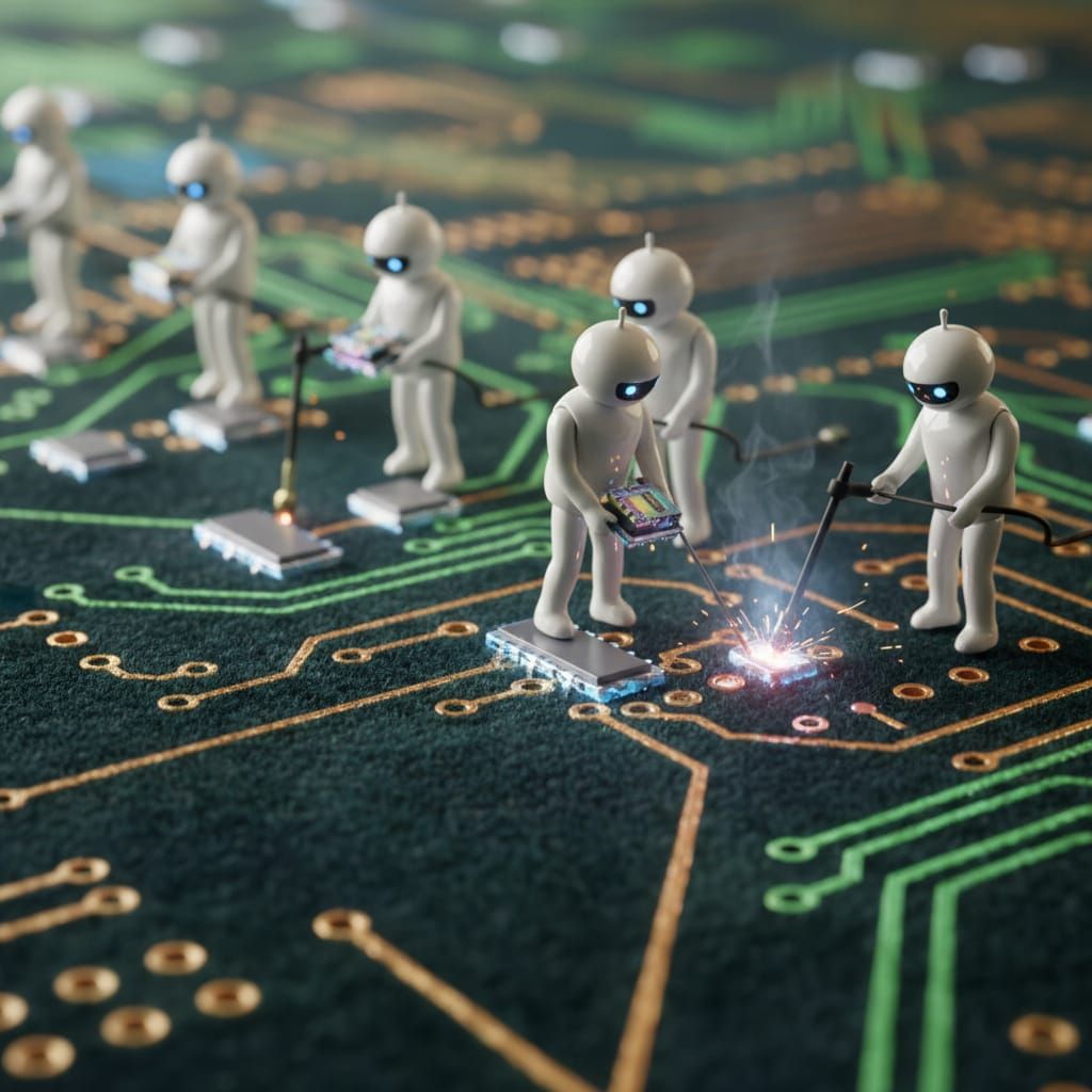 White Androids Assemble Electronics on Circuit Carpet