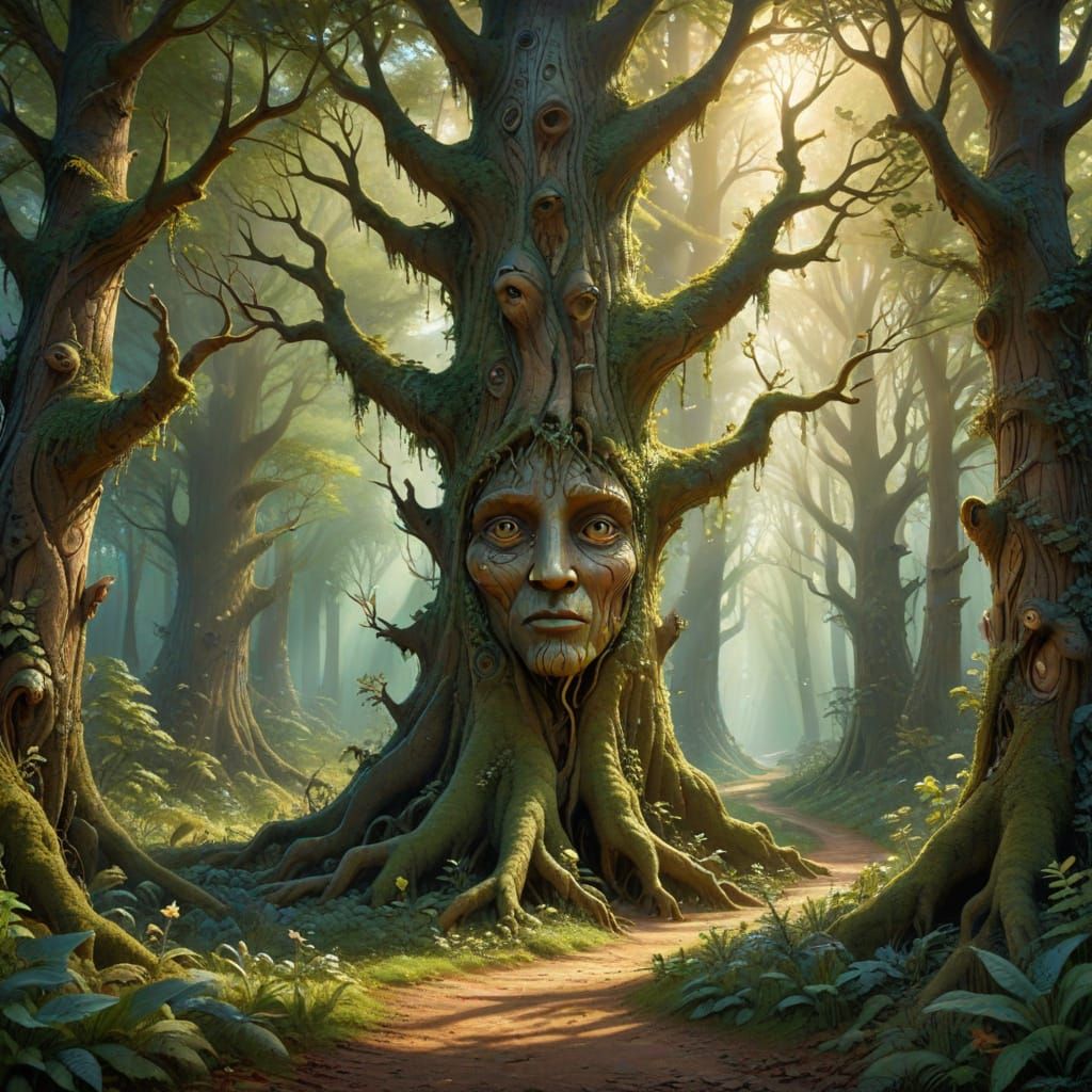 Enchanted Forest Path with Emotional Tree Faces