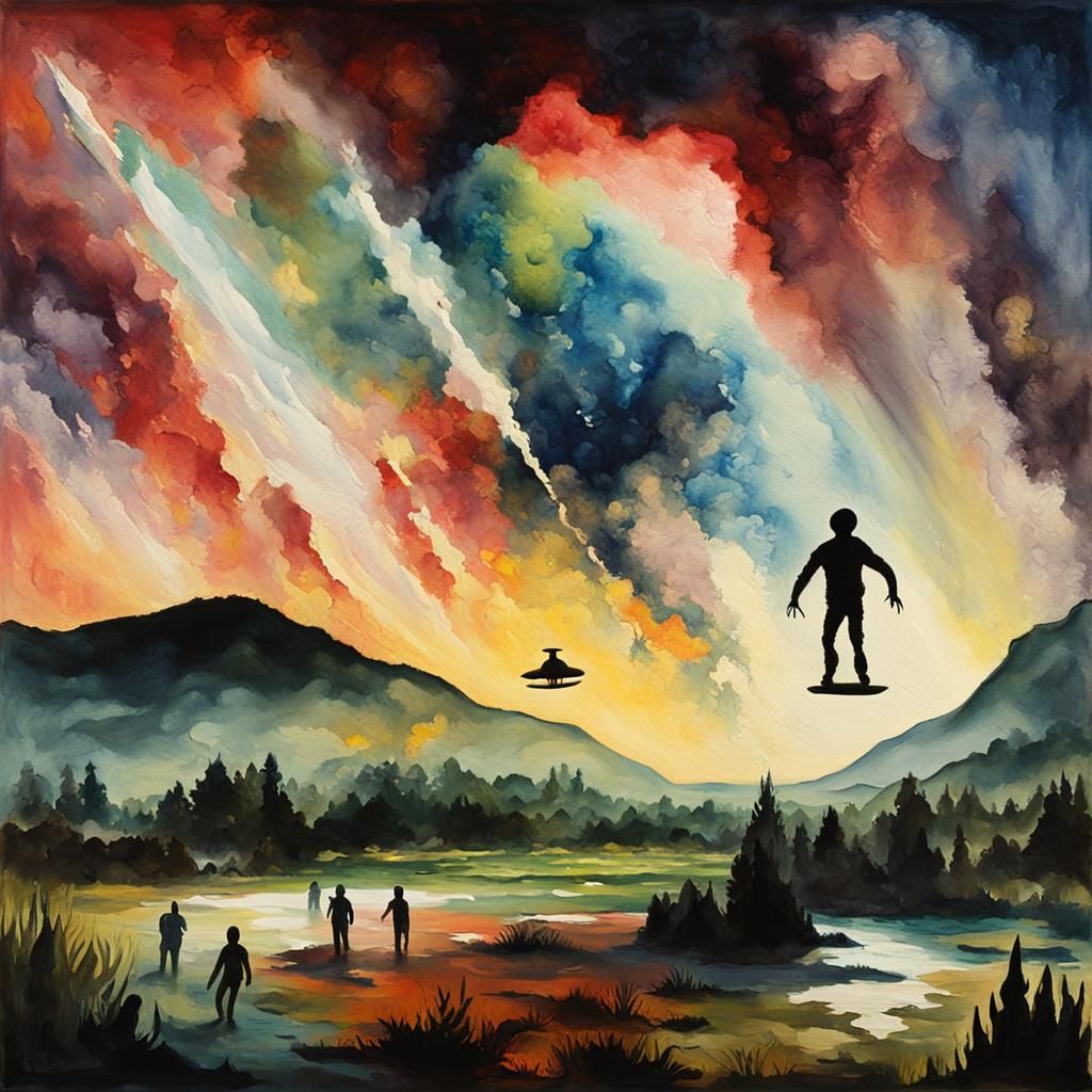 Alien Abduction in Gouache and Watercolor Style