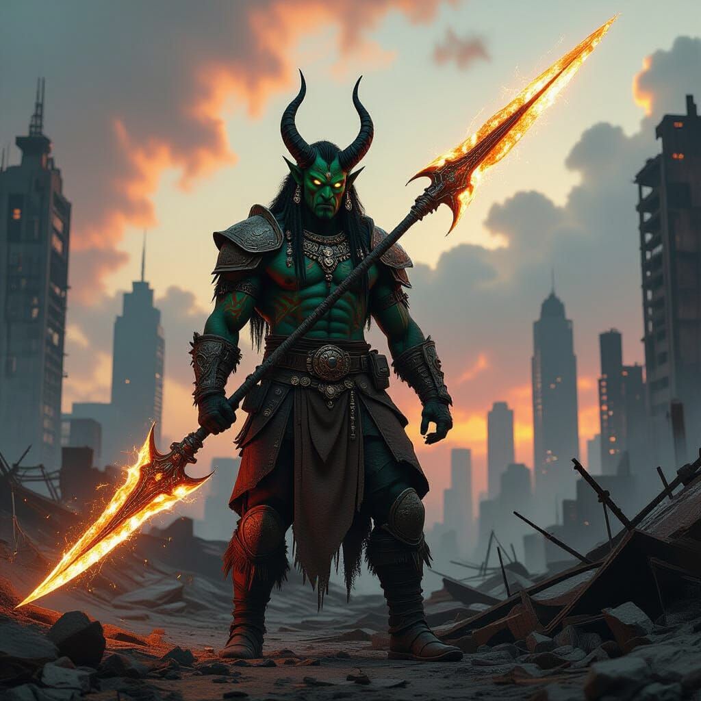 Barbazu Demon with Glowing Glaive in Dieselpunk Ruins