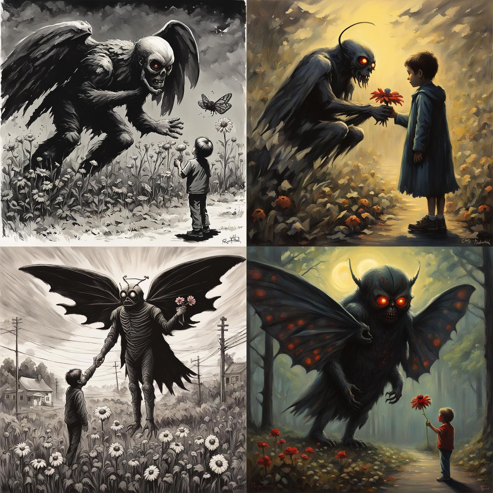 Mothman Offers Flower to Child: Sinister Art