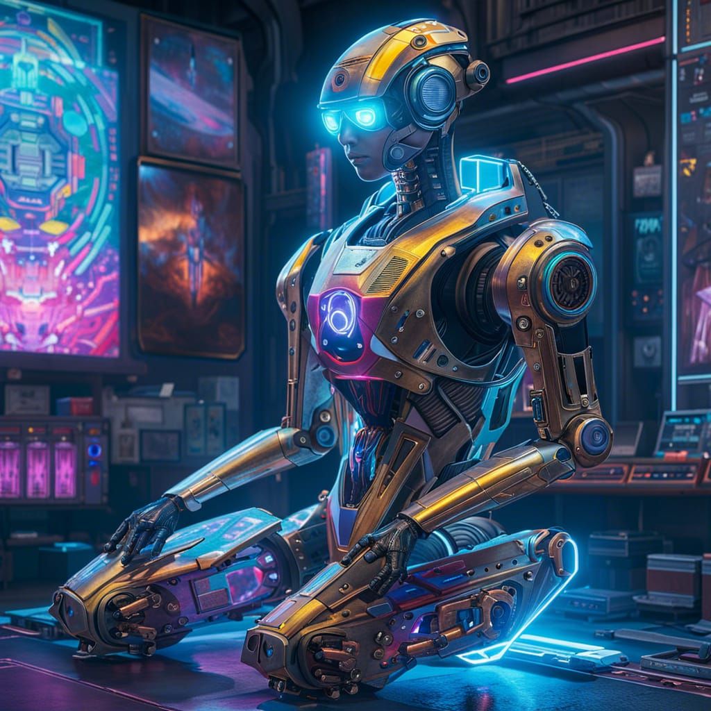 Cyberpunk Bot Dreams of Holographic Art in Workshop