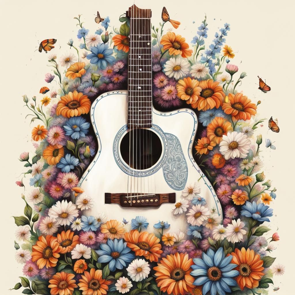 Floral Guitar: Hyperrealistic Art with Hippie Spirit