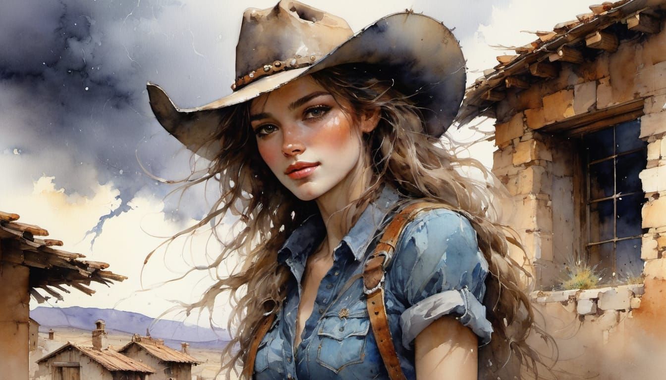 Romantic Watercolor Portrait of a Cowgirl in a Rustic Wester...